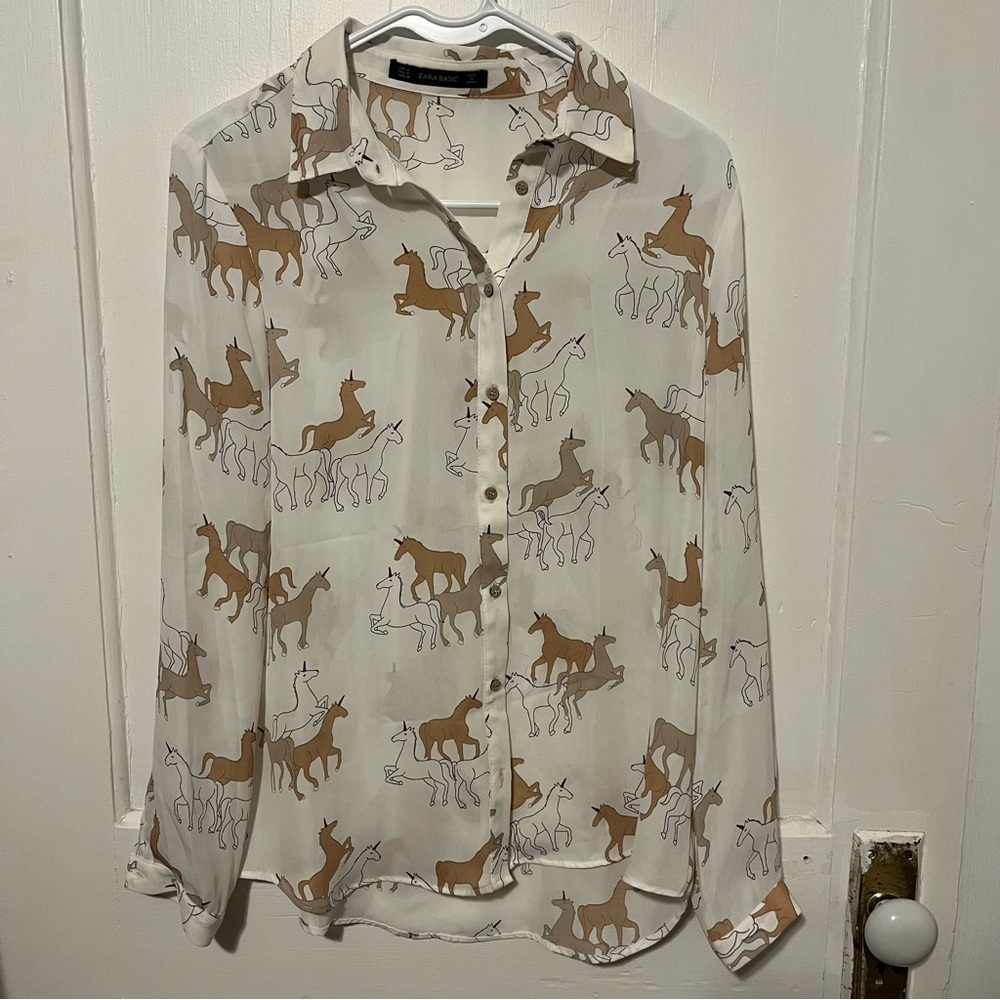 Zara Unicorn Print Button-Up Blouse